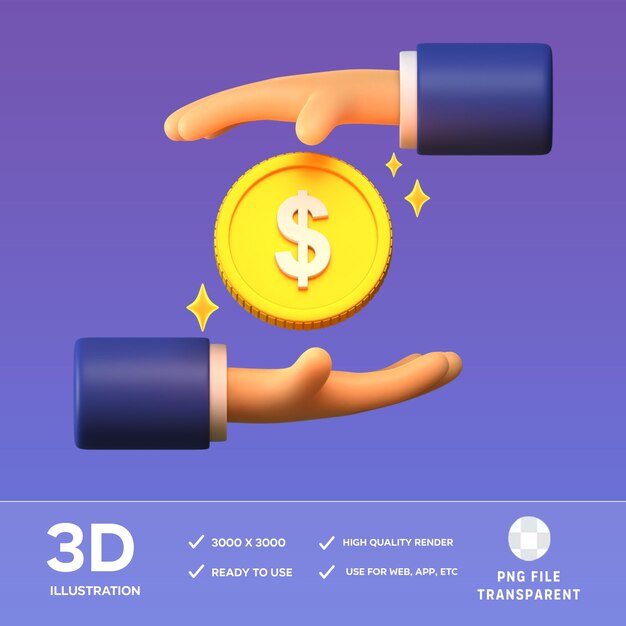 Ilustração 3D de PSD dando moeda de dólar