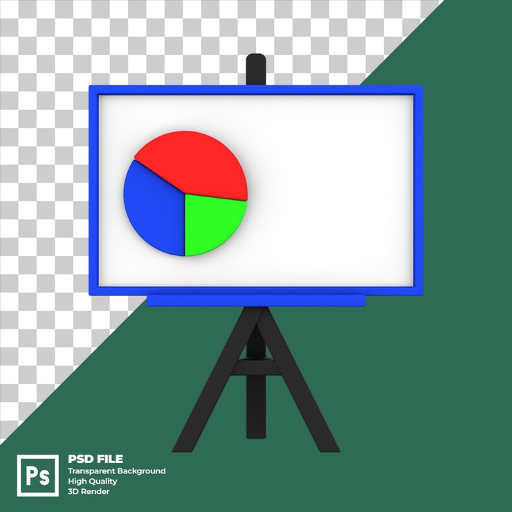 PSD ilustração 3d de quadro branco com gráfico circular