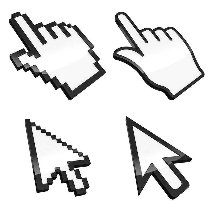 PSD ilustração 3d de quatro tipos de ponteiros de mouse isolados em fundo transparente