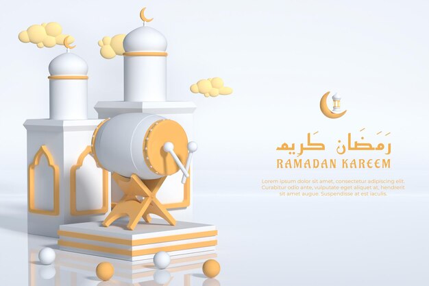 Ilustração 3d de Ramadan kareem com nuvem de mesquita de lanterna e tambor tradicional premium PSD