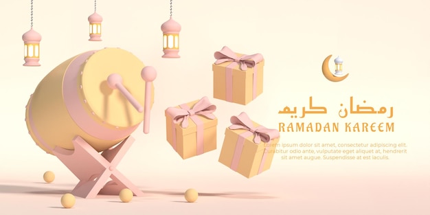 Ilustração 3d de ramadan kareem com tambor tradicional de lanterna e caixa de presente