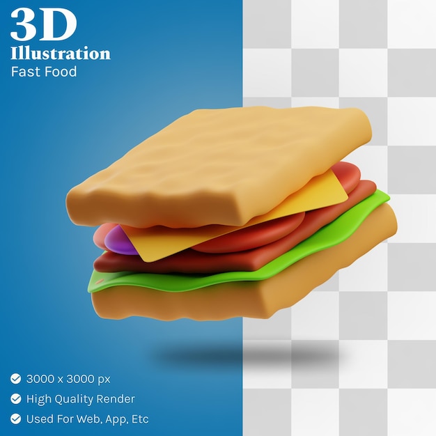 Ilustração 3d de sanduíche de fast-food