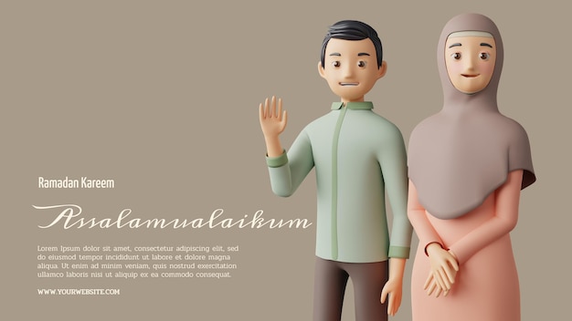 Ilustração 3d de saudação de casal muçulmano ramadã