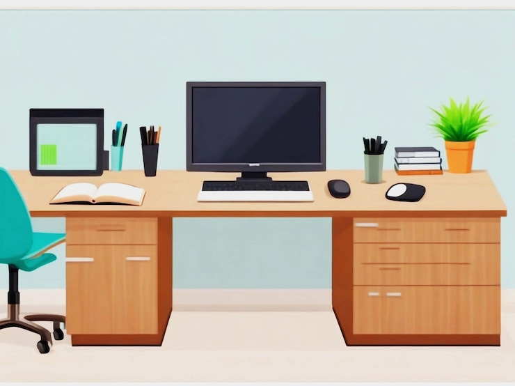 PSD ilustração 3d de secretária e mesa de computador isoladas sobre um fundo branco