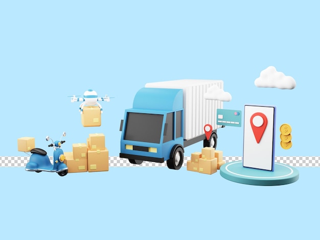Ilustração 3D de serviço de entrega rápida por caminhão, scooter, drone
