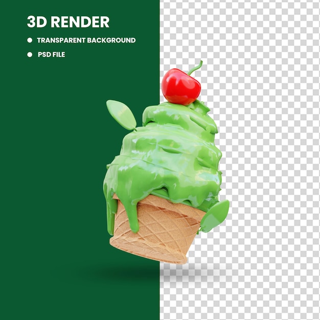 Ilustração 3d de sorvete matcha derretido renderização em 3d