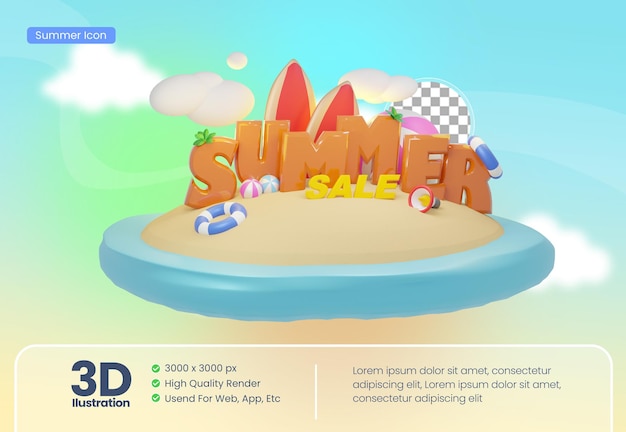 ilustração 3d de tema de praia de férias de verão com texto de venda de verão pequena ilha e muitos outros ícones