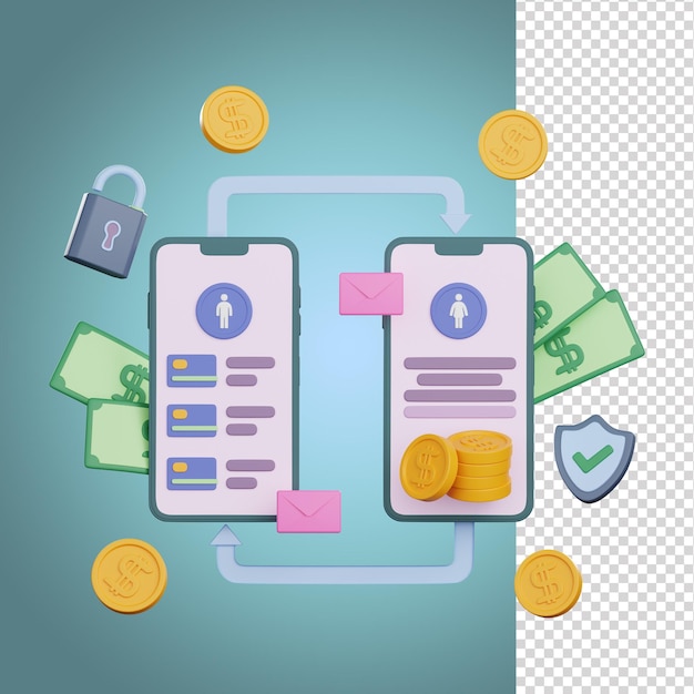 Ilustração 3d de transferência de dinheiro móvel