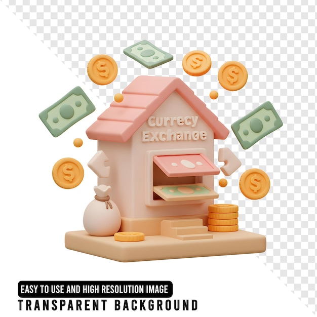 Ilustração 3D de troca de moeda com dinheiro e moedas