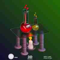 PSD ilustração 3d de tubos químicos mantidos para experimentação com vela abaixo em fundo transparente