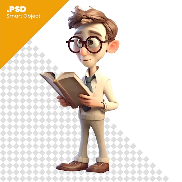 PSD ilustração 3d de um adolescente com óculos e um livro nas mãos modelo psd