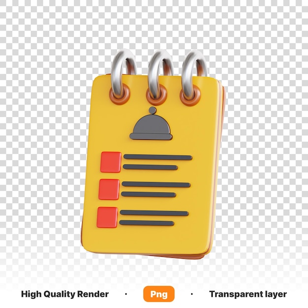 PSD ilustração 3d de um bloco de notas de pasta amarela para escrever pedidos de alimentos com fundo transparente