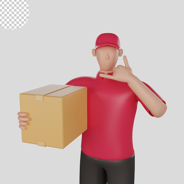 Ilustração 3d de um entregador de camisa vermelha segurando mercadorias de um cliente. psd premium