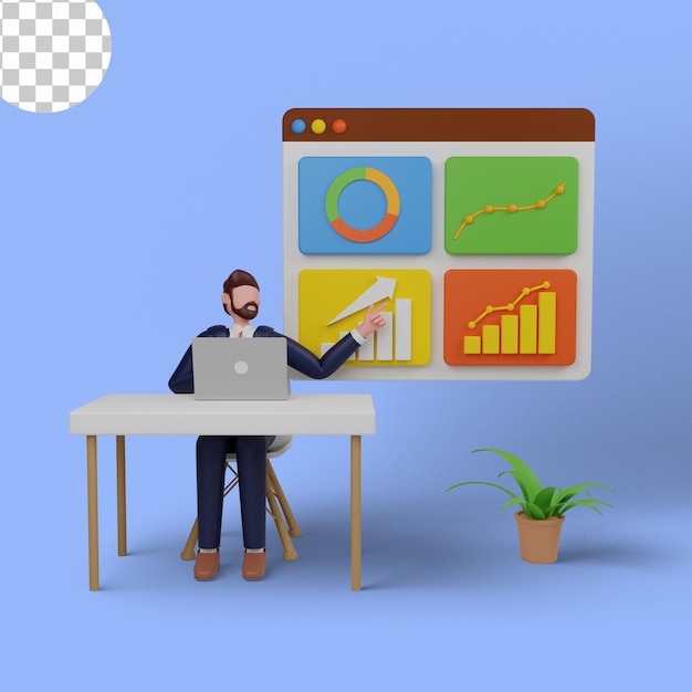 Ilustração 3D de um homem apresentando análises de vendas