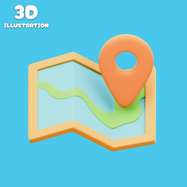 Ilustração 3D de um mapa com um pin de localização