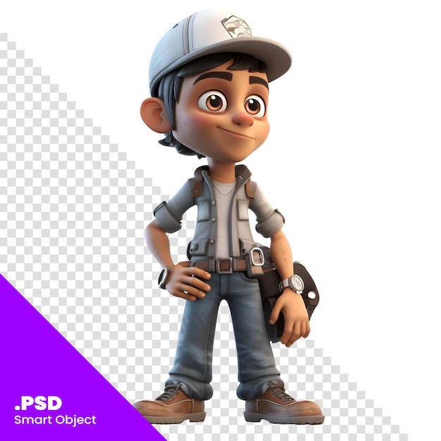 PSD ilustração 3d de um menino com capacete e macacão carregando uma mochila modelo psd