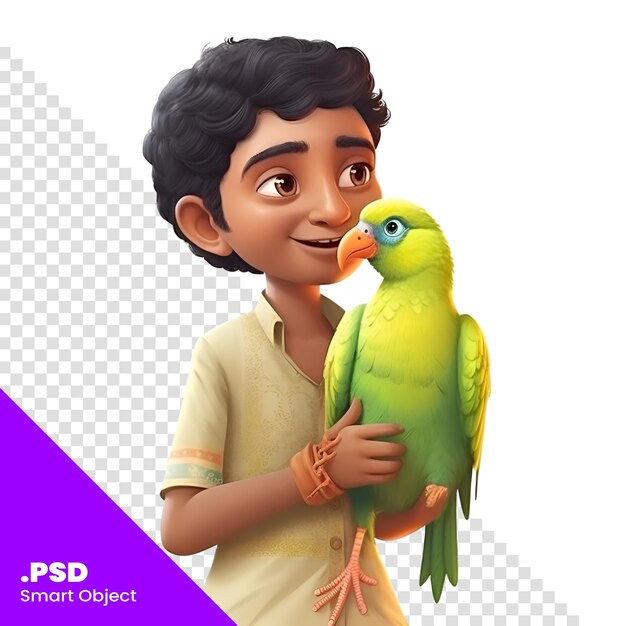 PSD ilustração 3d de um menino segurando um papagaio verde em fundo branco modelo psd