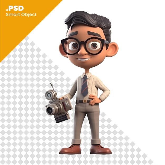 PSD ilustração 3d de um nerd com uma câmera em um modelo psd de fundo branco