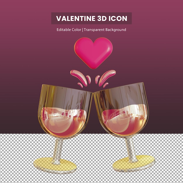 Ilustração 3d de um par de copos de vinho com ícone de brinde com símbolo de amor de coração para o dia dos namorados