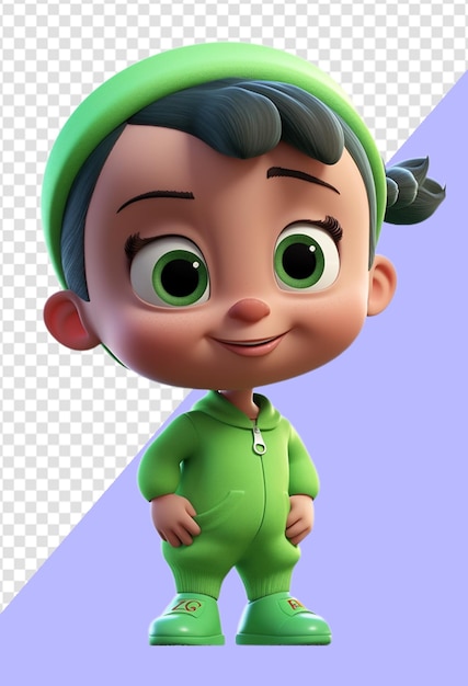 Ilustração 3d de um personagem bebê adorável e fofo com expressão de rosto sorridente usando roupas verdes