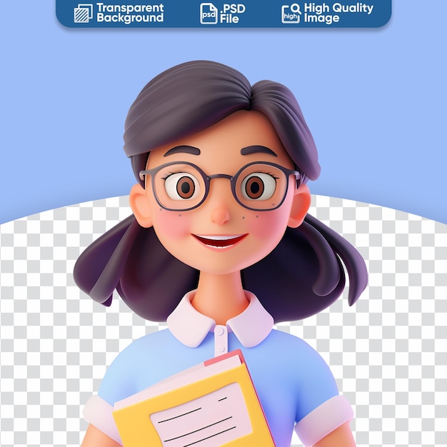 Ilustração 3d de um personagem de desenho animado bonito sorrindo professora