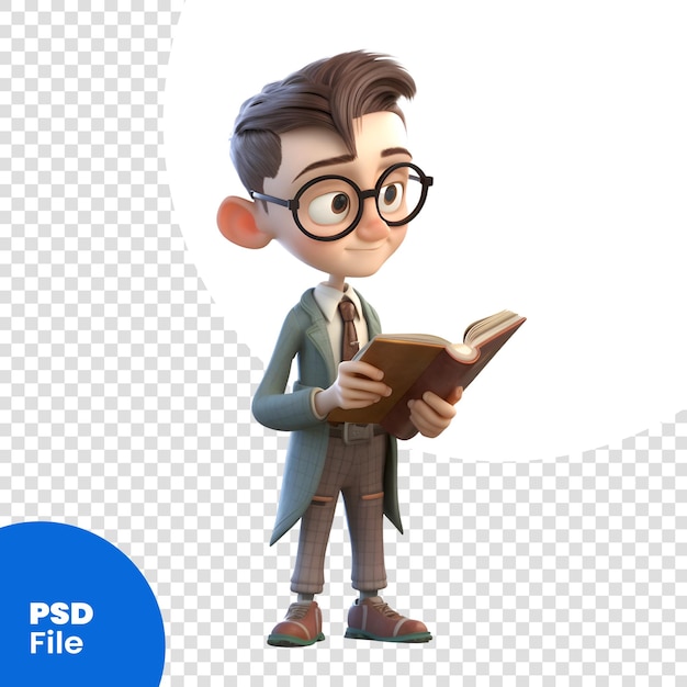 PSD ilustração 3d de um personagem de desenho animado com óculos e lendo um modelo psd de livro