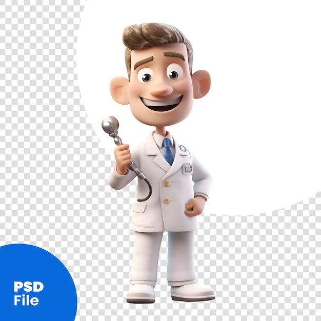 Ilustração 3d de um personagem de desenho animado com um estetoscópio; isolado no modelo psd de fundo branco