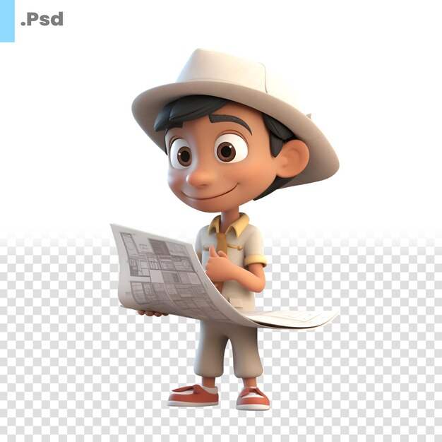 PSD ilustração 3d de um personagem de desenho animado com um jornal padrão psd de fundo branco isolado