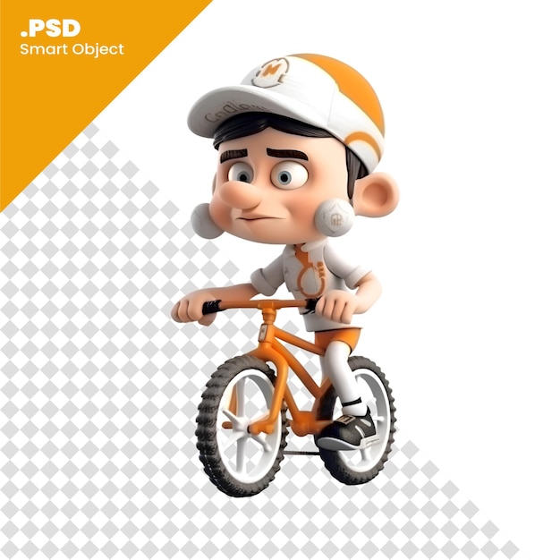 Ilustração 3d de um personagem de desenho animado com uma bicicleta isolada em um modelo psd de fundo branco