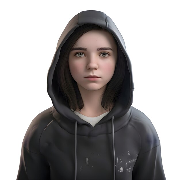 PSD ilustração 3d de uma adolescente com capuz preto