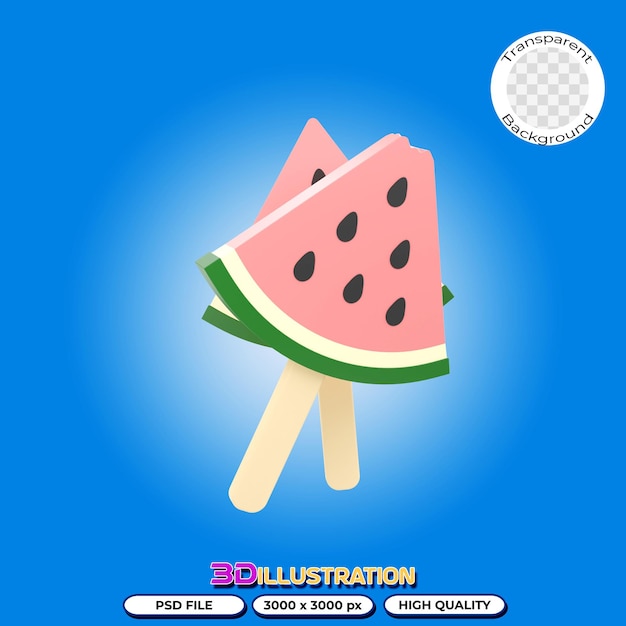 PSD ilustração 3d de uma fatia de melancia na vara de madeira