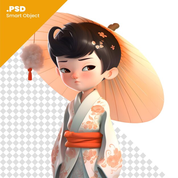 PSD ilustração 3d de uma garota japonesa bonita vestindo um modelo de kimono psd