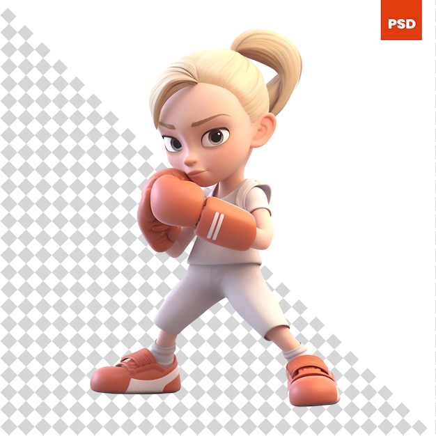 Ilustração 3d de uma garota toon em luvas de boxe com um fundo branco