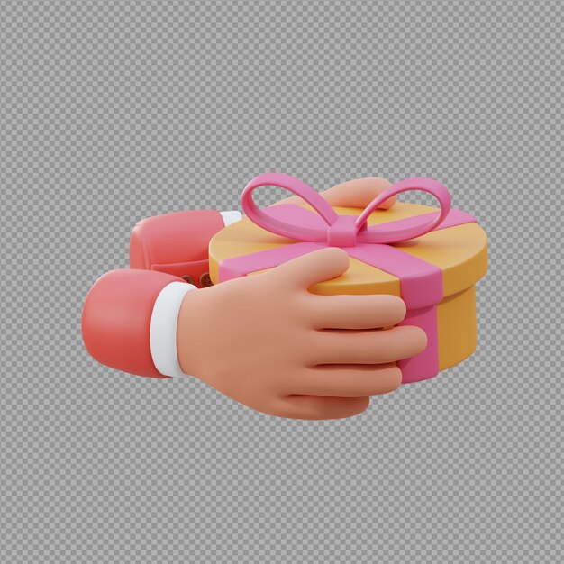Ilustração 3d de uma mão segurando uma caixa com uma fita rosa e um laço rosa em fundo claro