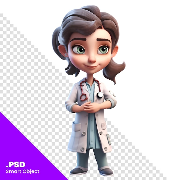 Ilustração 3d de uma médica com estetoscópio em volta do pescoço modelo psd