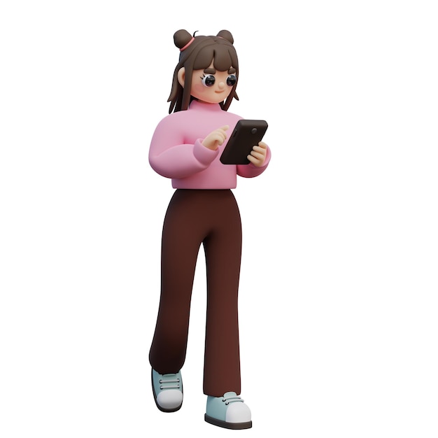 Ilustração 3D de uma menina caminhando e olhando para o personagem do smartphone Clique com o dedo na tela