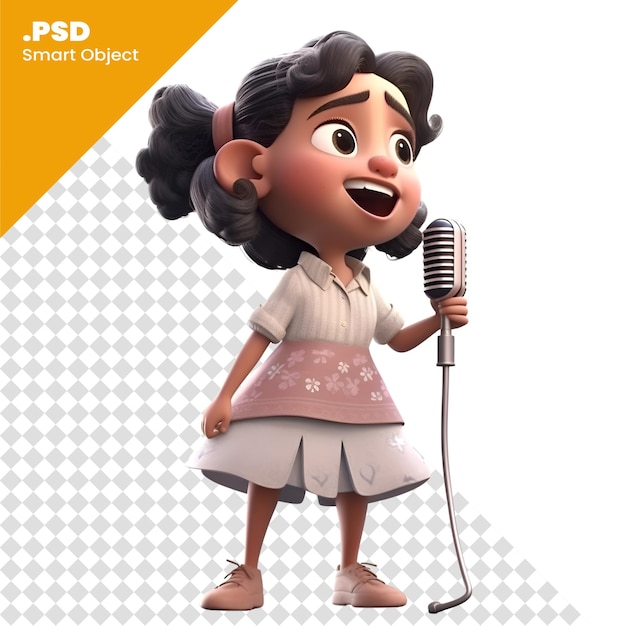 PSD ilustração 3d de uma menina cantando com um modelo psd de microfone