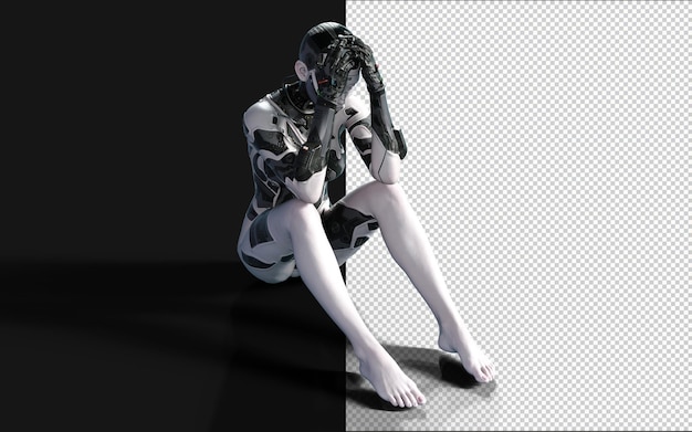 PSD ilustração 3d de uma mulher ai cyborg pose em fundo preto com clipping caminho ai projeto