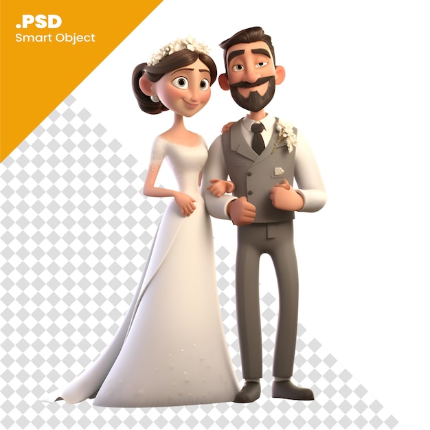 PSD ilustração 3d de uma noiva e um noivo em um modelo psd de fundo branco