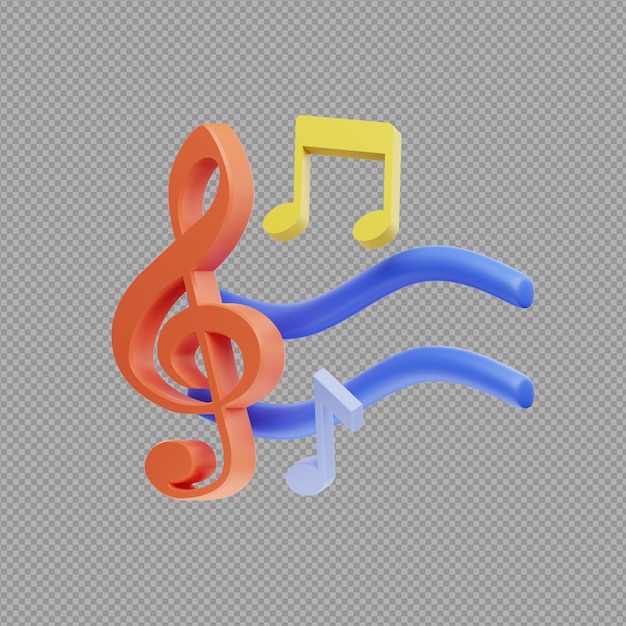 Ilustração 3D de uma nota musical colorida com um desenho azul e laranja em fundo transparente