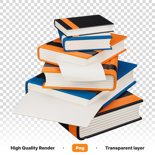 Ilustração 3D de uma pilha de livros empilhados em fundo transparente