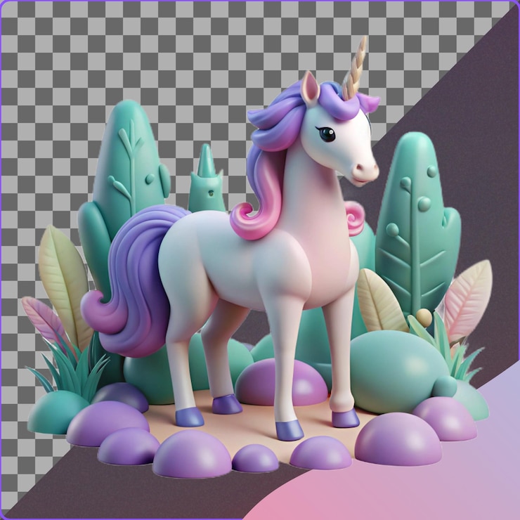 PSD ilustração 3d de unicórnio com folhagem exuberante