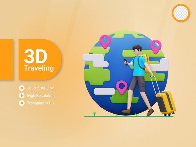 Ilustração 3d de viagem ao redor do mundo