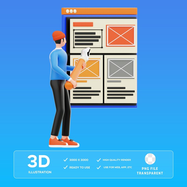 PSD ilustração 3d de wireframing em psd