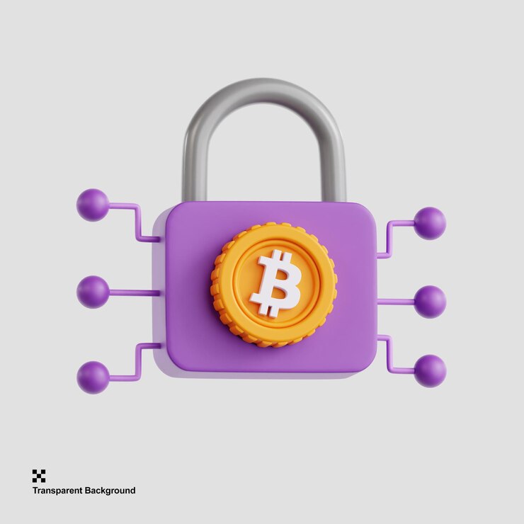 PSD ilustração 3d do bloqueio bitcoin