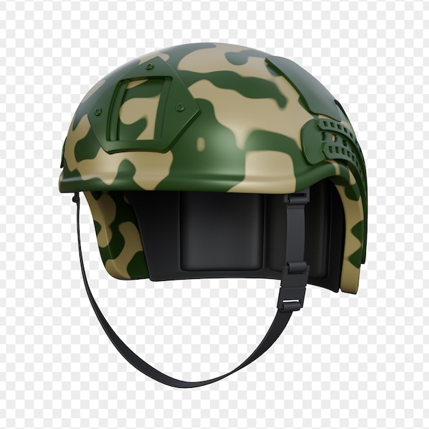 Ilustração 3D do capacete tático do soldado com camuflagem para uso no campo de batalha