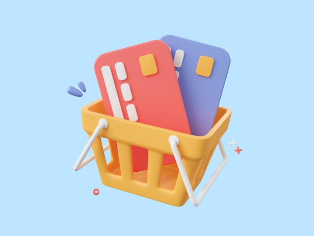 Ilustração 3D do carrinho de compras e cartões de crédito Compras e pagamentos com cartão de crédito