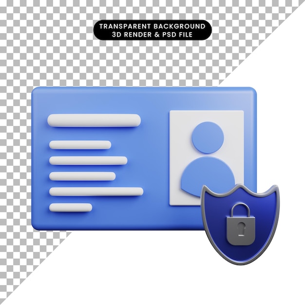Ilustração 3D do cartão de identificação do conceito de segurança com escudo e cadeado