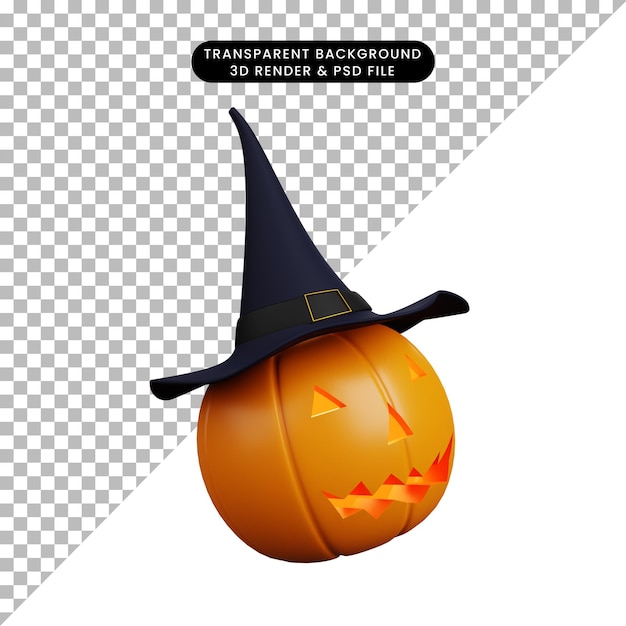 PSD ilustração 3d do conceito de halloween cabeça de abóbora com chapéu