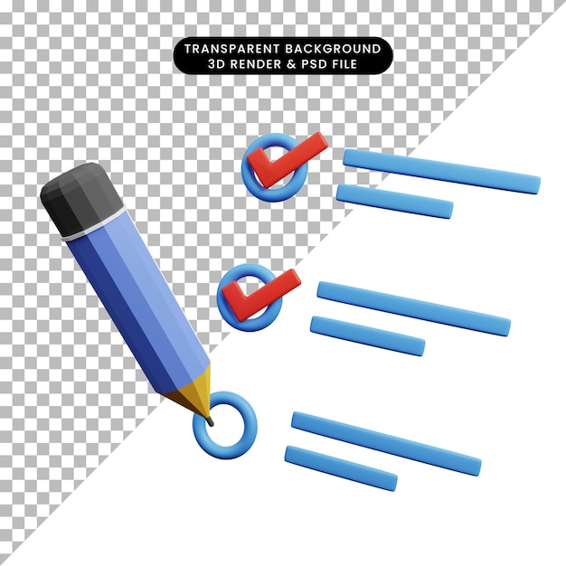 PSD ilustração 3d do conceito de lista de verificação com lápis